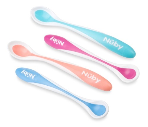 Color-changing Nuby Hot Safe Spoons for infants, designed to prevent burns and ensure safe feeding; soft tips and long handles.