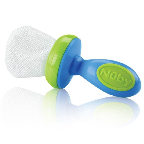 Nuby Veggie Nibbler for babies 10+ months, BPA-free, promotes safe self-feeding of soft foods with a secure locking system.