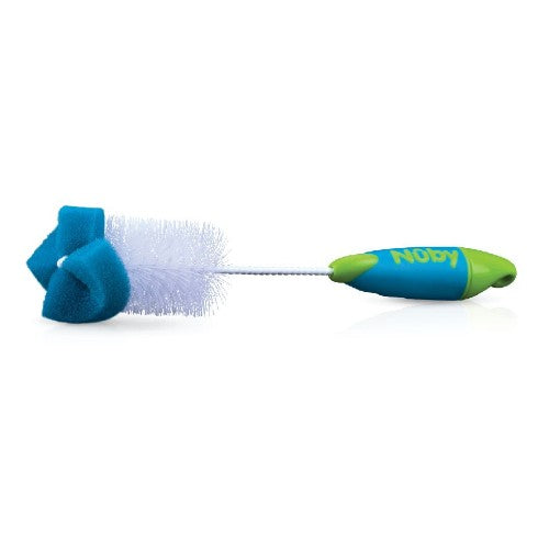 Nuby Bottle Brush with soft sponge tip, built-in teat brush, and hook base for easy storage and effective cleaning.