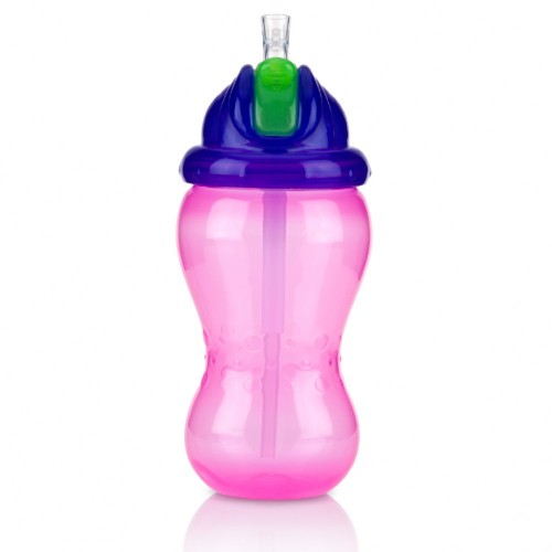 Nuby Flip It Cup for toddlers, 355ml, features a soft sipper straw, leak-resistant design, and sanitizing flip-top cap.