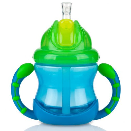 Nuby Flip and Sip Cup with Handles designed for toddlers, featuring a soft straw, BPA-free material, and compact travel size.