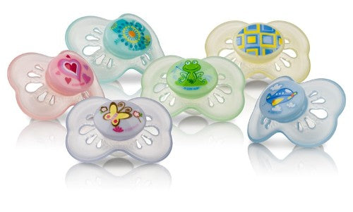 Nuby Classic Oval Pastel Pacifiers for 0-6 months, BPA-free, soft nubs for gum stimulation, and vibrant pastel colors.