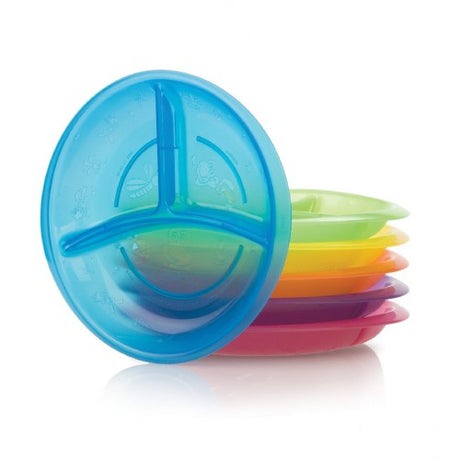 Brightly colored Nuby Fun Feeding Section Plate, BPA-free and microwave safe, perfect for toddlers learning to eat independently.