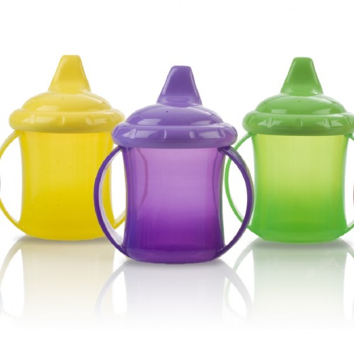 Nuby Twin Handle Tinted Spout Cup for toddlers, featuring dual-flow valve, spill-proof design, and BPA-free materials.