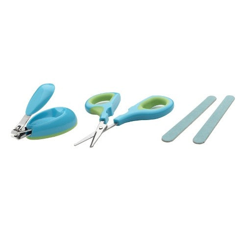 Baby Nail Care Set by Playgro featuring safety scissors, child-friendly clippers, and smoothed emery boards for infants.