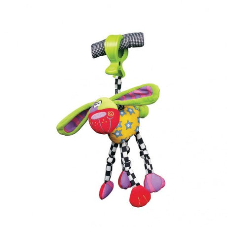 Brightly colored plush Wonky Wiggler toy featuring Doofy Dog, clip for prams and strollers, promotes sensory play for infants.