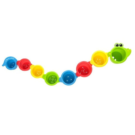 Brightly colored Crocodile Cups for stacking play, promoting motor skills and imagination, suitable for ages 6 months and up.