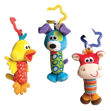 Colorful Tinkle Trio toy set featuring Bird, Cow, and Dog, designed for sensory play and teething relief for babies.