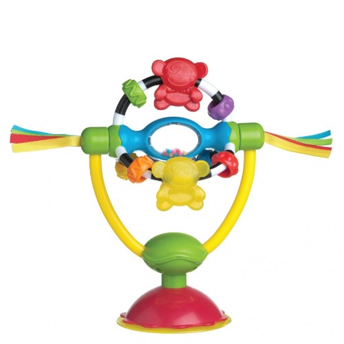 Colorful Playgro high chair spinning toy with suction base, rattle, teething beads, and engaging textures for babies.