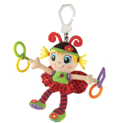 Colorful My First Lulu Ladybird toy with textures, teething rings, and a C-clip for easy attachment, perfect for sensory play.