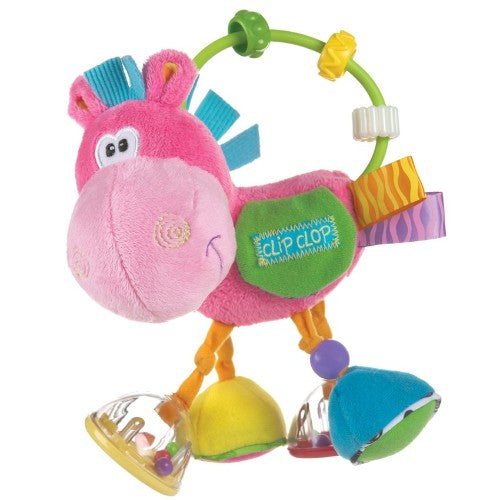 Vibrant Clopette Activity Rattle with various textures, rattles, mirror, and crinkle sounds for baby's sensory exploration.