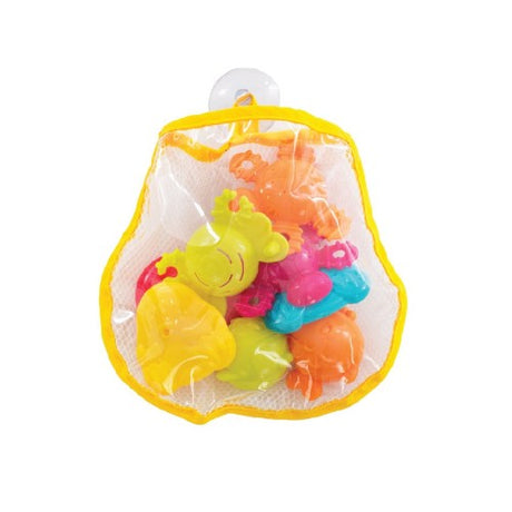 Colorful 8-piece bath toy set featuring squeezable animals, scoops, and cups, designed for safe, imaginative water play for toddlers.