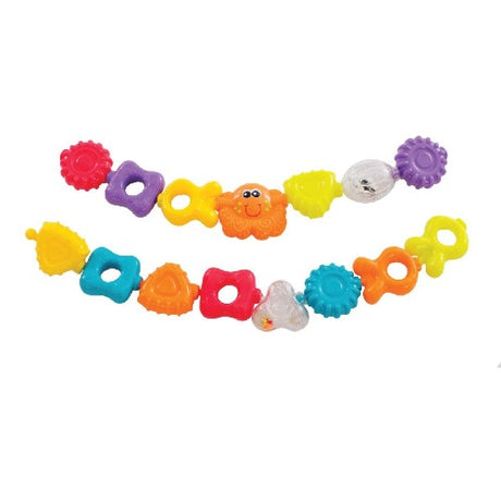 Vibrant 15-piece bath toy set with easy-to-hold shapes and rattling beads for sensory fun and fine motor skill development.