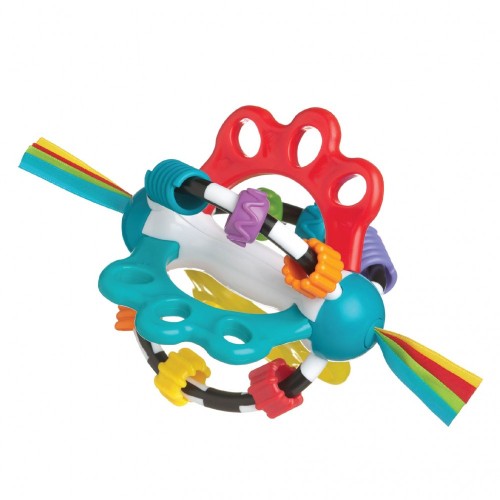 Vibrant Explore-A-Ball toy with textures, sounds, and teething fins for sensory development and motor skill enhancement.