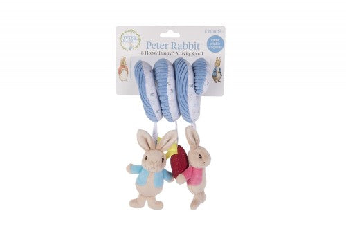 Colorful Peter Rabbit Activity Spiral with soft textures and sounds, ideal for baby sensory play in strollers and cribs.