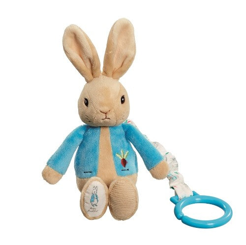 Peter Rabbit Jiggle Attachable plush toy, 21cm, featuring a jiggling mechanism for sensory play and easy attachment to strollers.