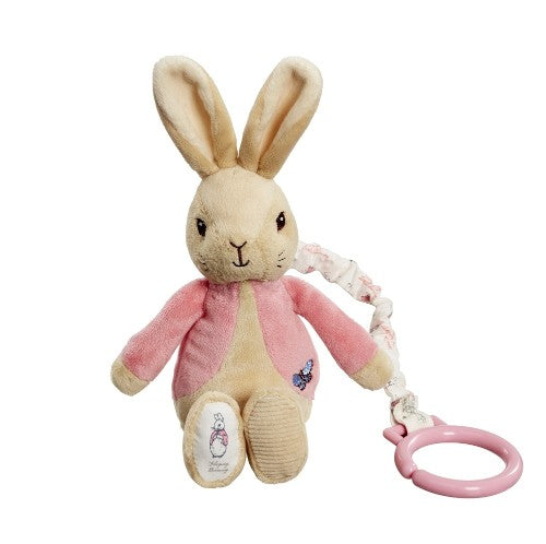 Soft Flopsy Bunny toy with jiggle mechanism, perfect for babies; attaches to strollers for on-the-go play and sensory development.