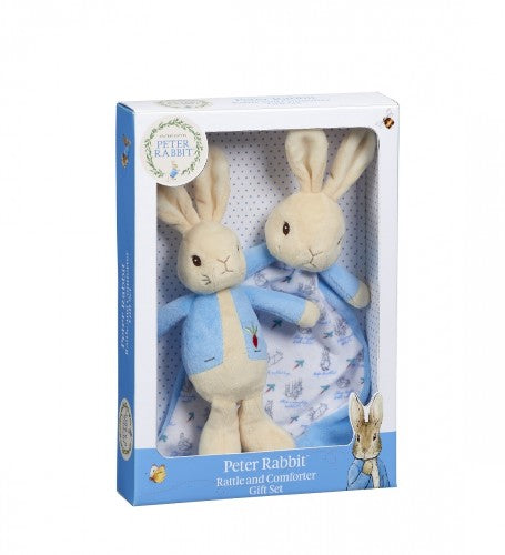 Peter Rabbit gift set featuring a charming rattle and soft comfort blanket, perfect for newborns and infants.