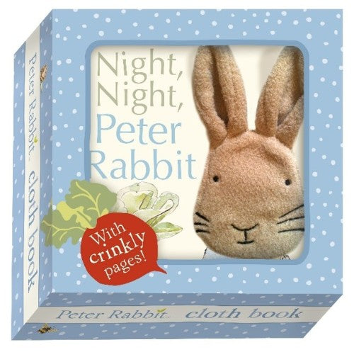 Soft cloth book featuring Peter Rabbit with crinkly pages, perfect for toddlers to enjoy bedtime stories and sensory exploration.