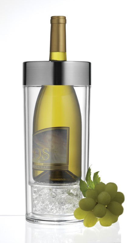 Elegant single wine bottle holder in double-walled acrylic with silver trim, featuring an ice section for perfect chilling.