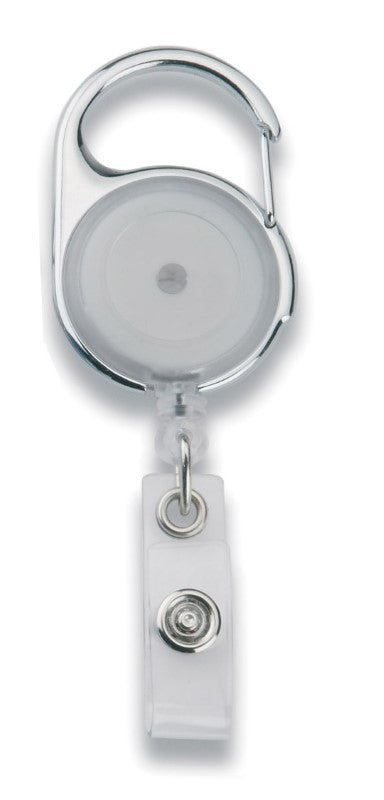 Clear badge holder designed for displaying ID cards with a retractable cord and metal clip for secure attachment.