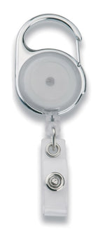 Clear badge holder designed for displaying ID cards with a retractable cord and metal clip for secure attachment.
