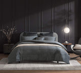 Queen duvet cover set in slate velvet with decorative stitching and stripes, featuring matching European pillowcases for elegant styling.