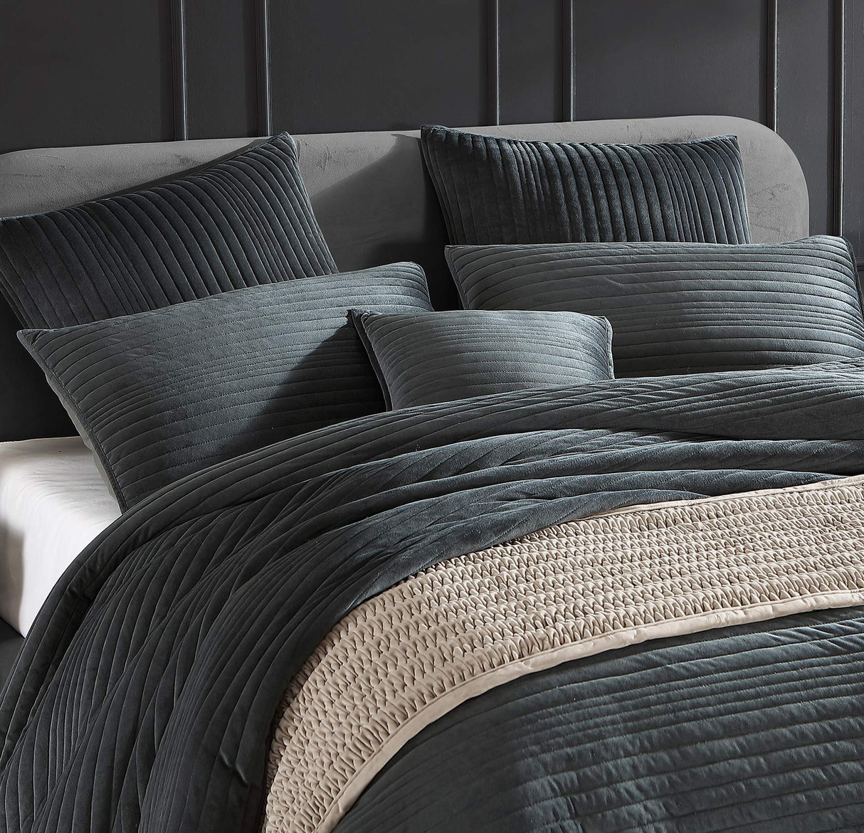 Luxurious slate velvet queen duvet cover set with irregular stripes and decorative stitching, perfect for a cozy bedroom retreat.