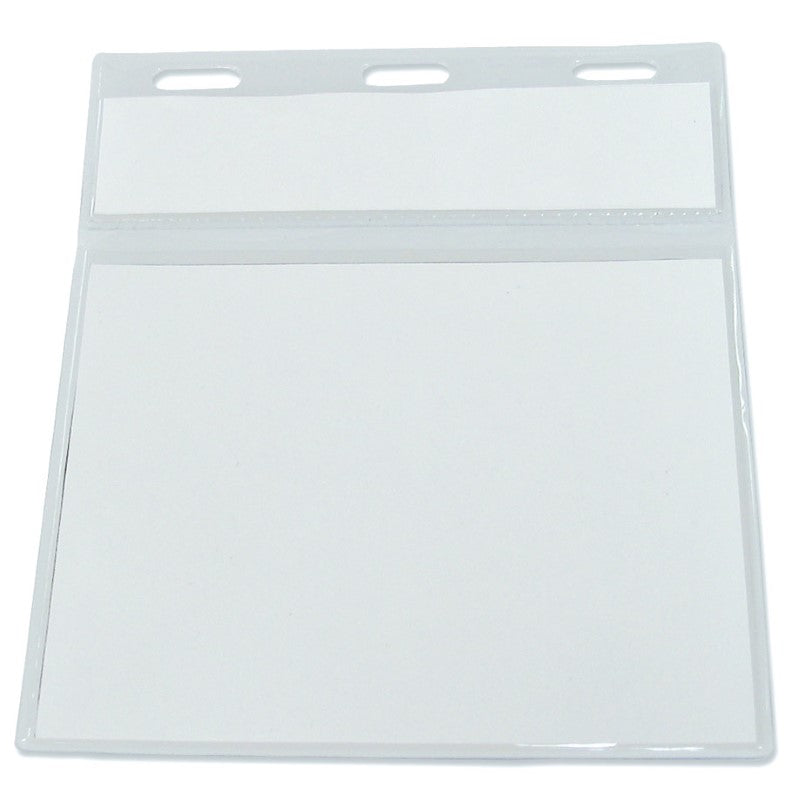 Transparent Double Pocket Badge Holder in durable PVC, fits standard ID and long cards, ideal for events and networking.