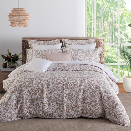 Elegant super king duvet cover set featuring Art Nouveau design in linen, with check pattern accessories and cord piping details.