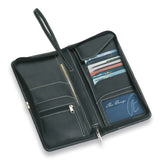 Elegant Nappa Travel Wallet with zipper closure, wrist strap, and organized pockets for IDs and documents, in a gift box.