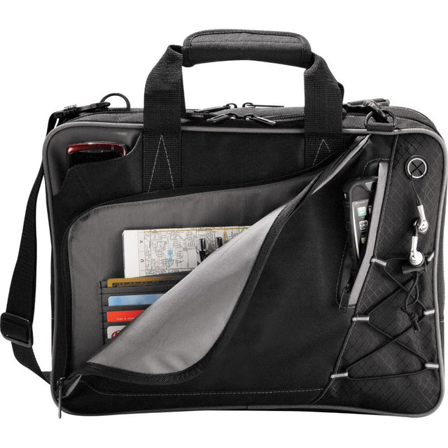 Stylish laptop bag with lay-flat compartment, durable 600D polycanvas, holds 15" laptops, and features organizational pockets.