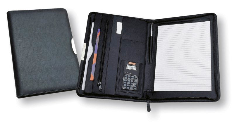 A sleek A4 portfolio in Koskin leather-look with a solar calculator, zippered pockets, and a lined writing pad for professionals.