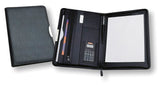 A sleek A4 portfolio in Koskin leather-look with a solar calculator, zippered pockets, and a lined writing pad for professionals.