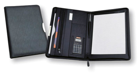 A sleek A4 portfolio in Koskin leather-look with a solar calculator, zippered pockets, and a lined writing pad for professionals.