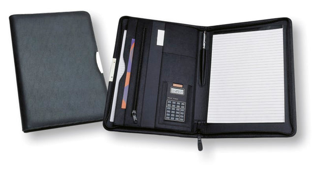 A sleek A4 portfolio in Koskin leather-look with a solar calculator, zippered pockets, and a lined writing pad for professionals.