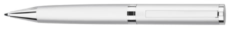 Sleek Gosfield Collection metal ballpoint pen in matte silver with shiny accents, featuring a twist action for smooth writing.