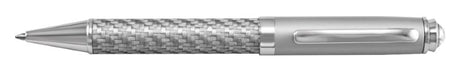 Silver carbon fibre ballpoint pen with matte silver finish, twist action, and lightweight design for elegant writing.