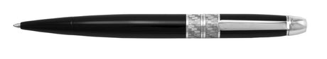 Elegant black metal twist action ballpoint pen with silver carbon fiber band and shiny accents, perfect for stylish writing.
