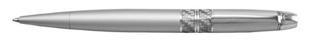 Sleek silver ballpoint pen with carbon fiber band and twist action, ideal for elegant and effortless writing.
