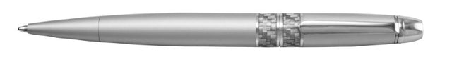 Sleek silver ballpoint pen with carbon fiber band and twist action, ideal for elegant and effortless writing.