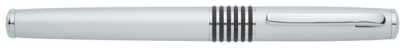 Sleek matt chrome rollerball pen with shiny silver accents, removable cap, and comfortable grip for smooth writing.
