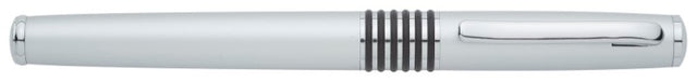 Sleek matt chrome rollerball pen with shiny silver accents, removable cap, and comfortable grip for smooth writing.