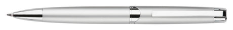Twist-action metal ballpoint pen in matte silver with shiny accents, ergonomic design, perfect for stylish writing.
