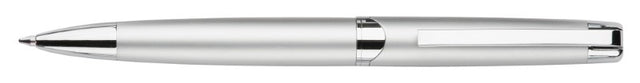 Twist-action metal ballpoint pen in matte silver with shiny accents, ergonomic design, perfect for stylish writing.