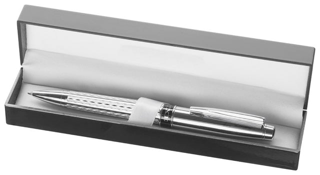Elegant single pen box in gloss black plastic with white nylon lining and sash, perfect for stylish pen storage or gifting.