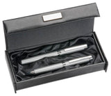 Elegant leather look pen box with magnetic closure, silver badge, and silky lining for stylish pen storage.