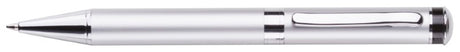 Sleek silver twist action ballpoint pen with matte finish and glossy accents, perfect for professional writing tasks.