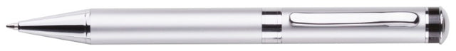 Sleek silver twist action ballpoint pen with matte finish and glossy accents, perfect for professional writing tasks.