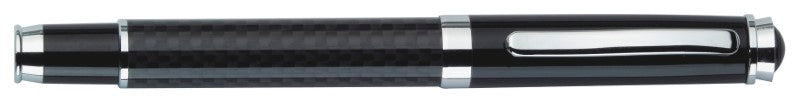 Gloss black metal roller ball pen with carbon fibre lower barrel, removable cap, and smooth black ink for precise writing.